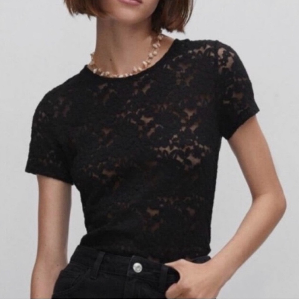 SAGAIE Paris Women’s Black Fitted Semi-Sheer Short Sleeve Knit Lace Top size XS